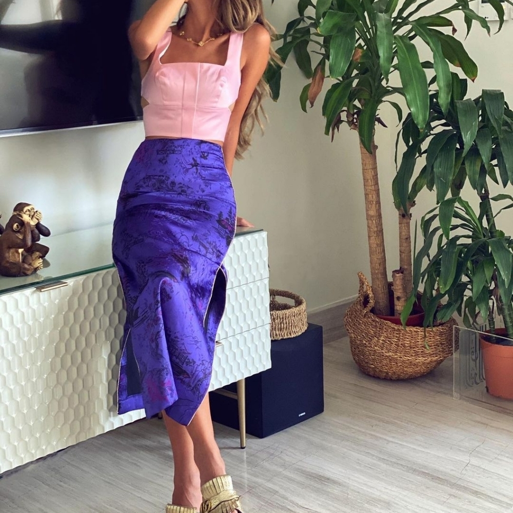 Zara Pink Bustier with Purple Jacquard Midi Skirt